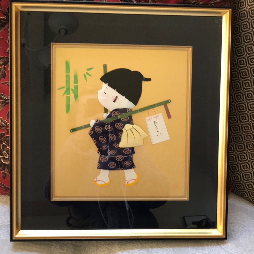GIFTABLE 🎁 JAPANESE PADDED PICTURE VTG 1960-70 IN CUSTOM FRAME JAPANESE ART